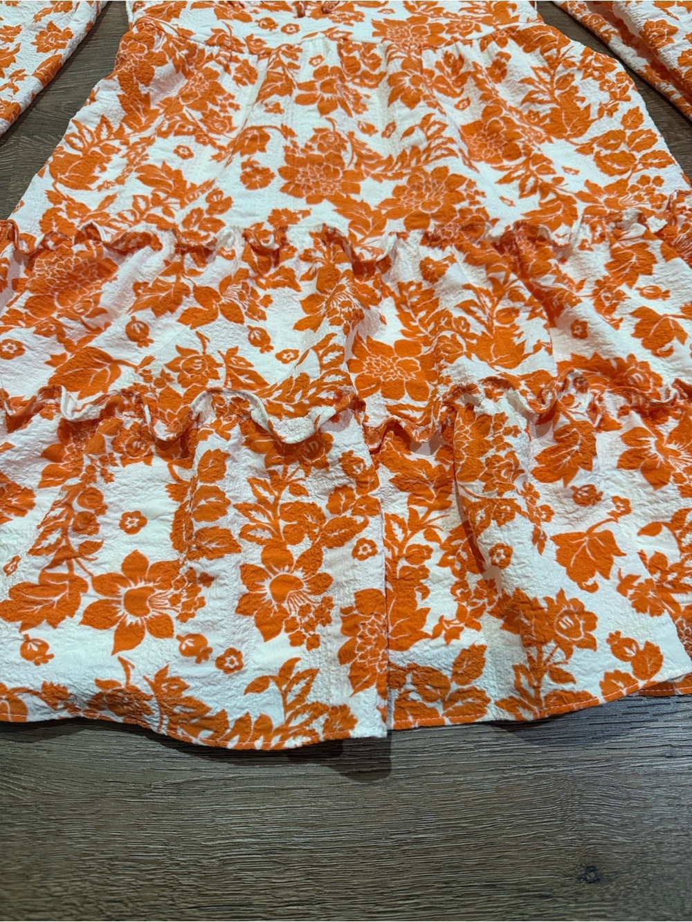 Crystal Doll Orange White Floral Smocked Tiered Ruffle Mini Dress XS - Picture 5 of 11